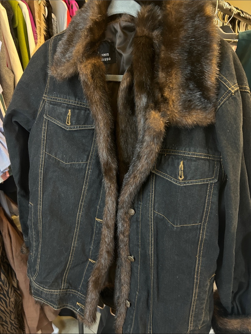 dennis basso Black Denim Puffer Jacket with Brown Fur Trim